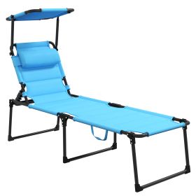 Outsunny Outdoor Lounge Chair, Adjustable Backrest Folding Chaise Lounge, Cushioned Tanning Chair w/Sunshade Roof & Pillow Headrest for Beach, Camping